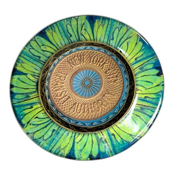 DURWIN RICE Artist Signed Glass Decoupage New York Transit Plate 8 inch - Picture 1 of 7